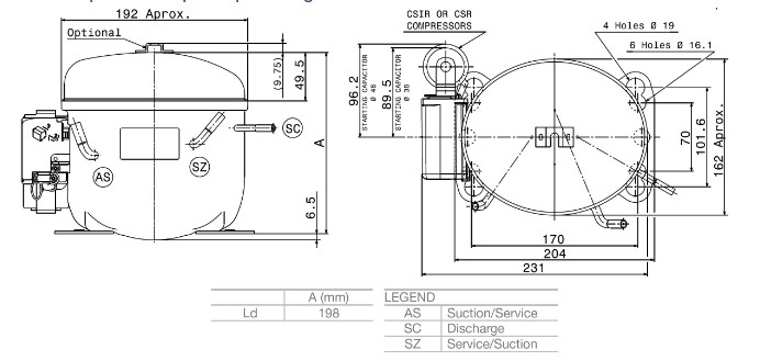 Схема-чертеж компрессора Cubigel GL11TB: